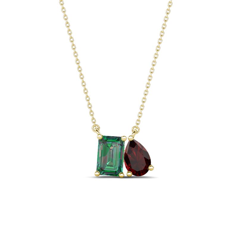 Arika 1.36 ctw Emerald Shape Created Alexandrite with Pear Shape Red Garnet Toi Et Moi Women Pendant Necklace 