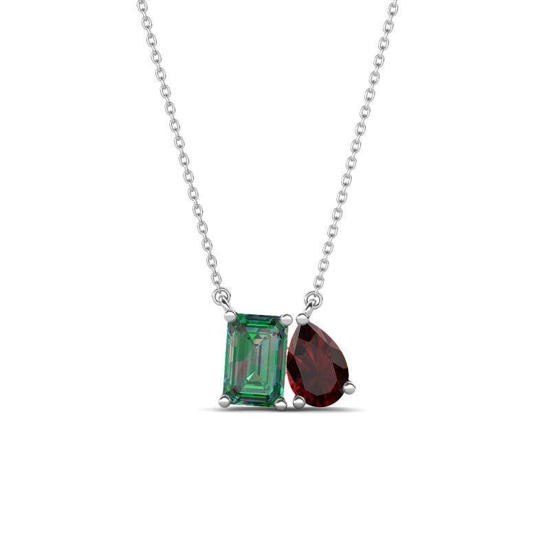 Arika 1.36 ctw Emerald Shape Created Alexandrite with Pear Shape Red Garnet Toi Et Moi Women Pendant Necklace 