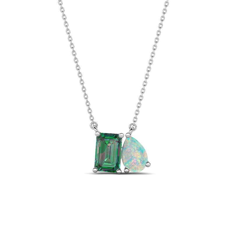 Arika 1.06 ctw Emerald Shape Created Alexandrite with Pear Shape Opal Toi Et Moi Women Pendant Necklace 