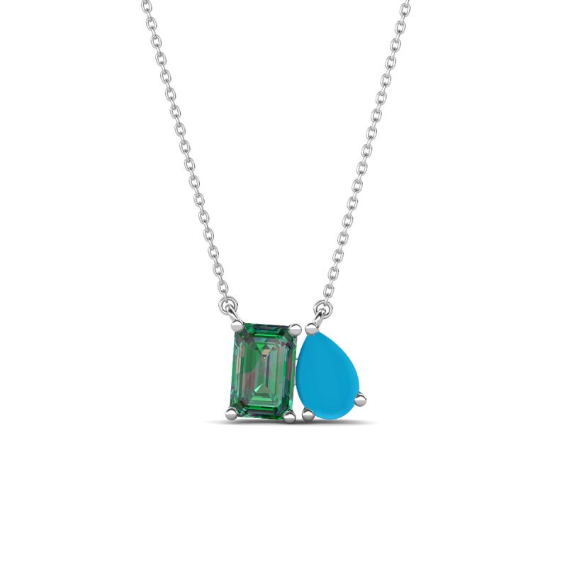 Arika 1.06 ctw Emerald Shape Created Alexandrite with Pear Shape Turquoise Toi Et Moi Women Pendant Necklace 