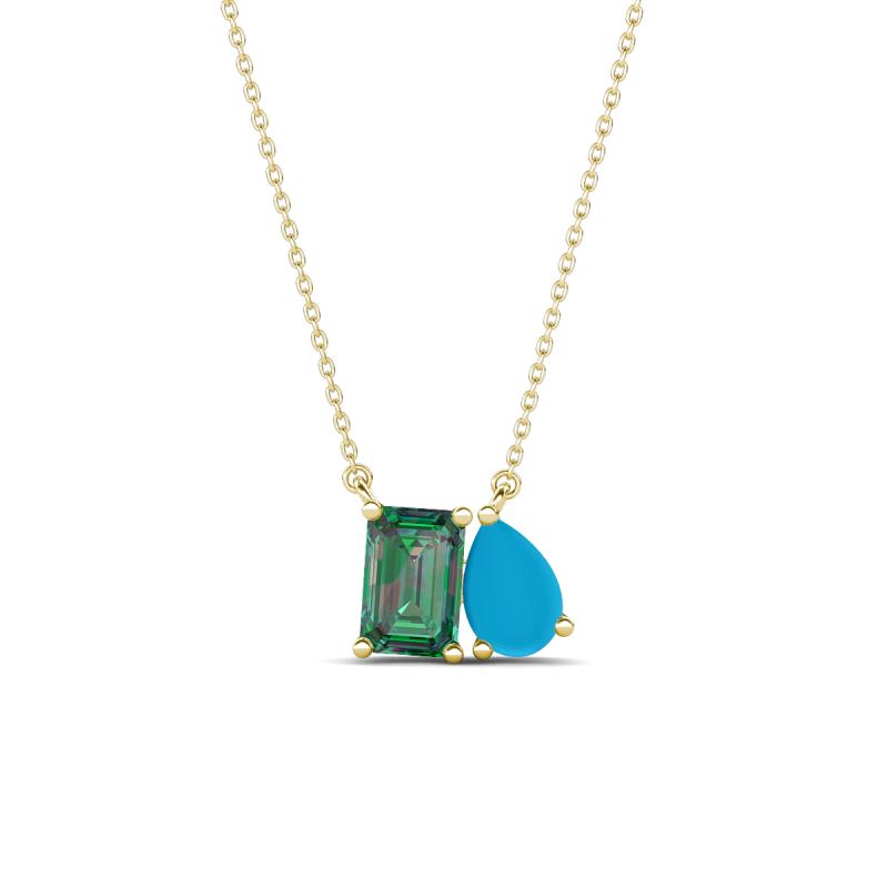 Arika 1.06 ctw Emerald Shape Created Alexandrite with Pear Shape Turquoise Toi Et Moi Women Pendant Necklace 