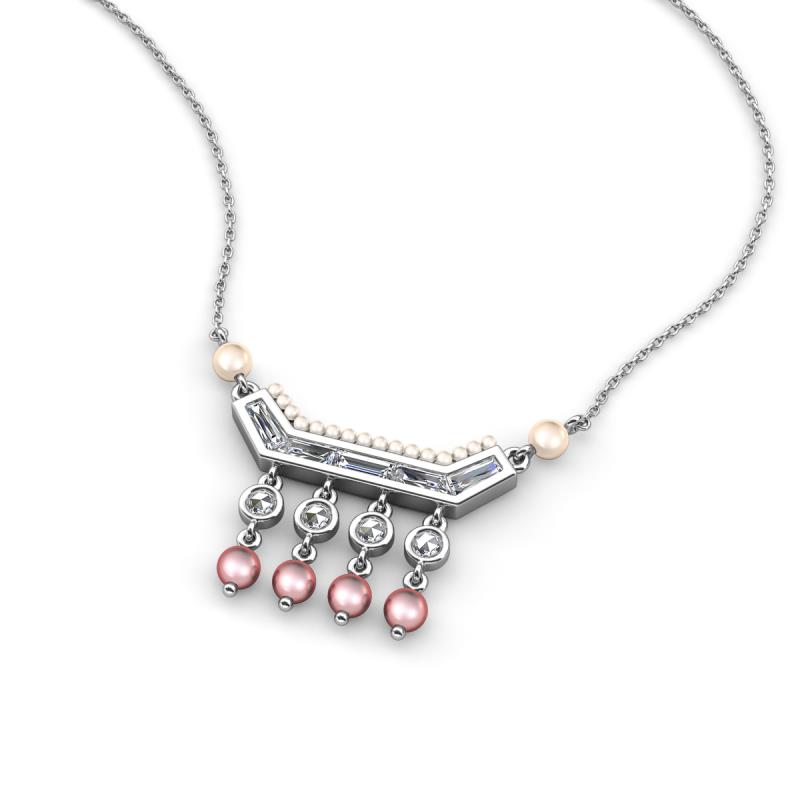 Nacelle Pearl Drop Necklace with 1.23 ctw Rose Cut & Baguette Shape Natural Diamond in 18K White Gold  
