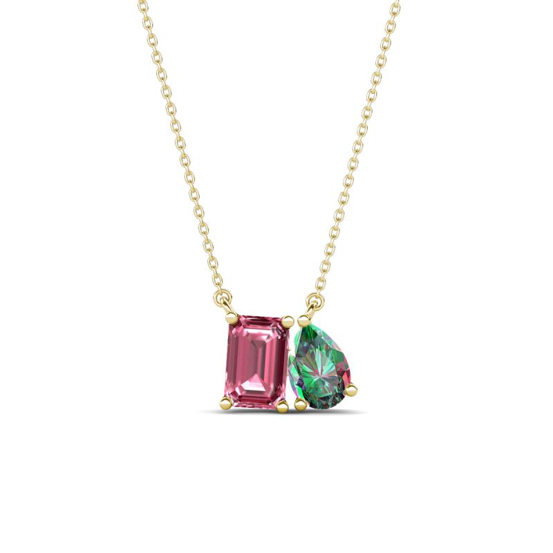 Arika 1.09 ctw Emerald Shape Pink Tourmaline with Pear Shape Created Alexandrite Toi Et Moi Women Pendant Necklace 