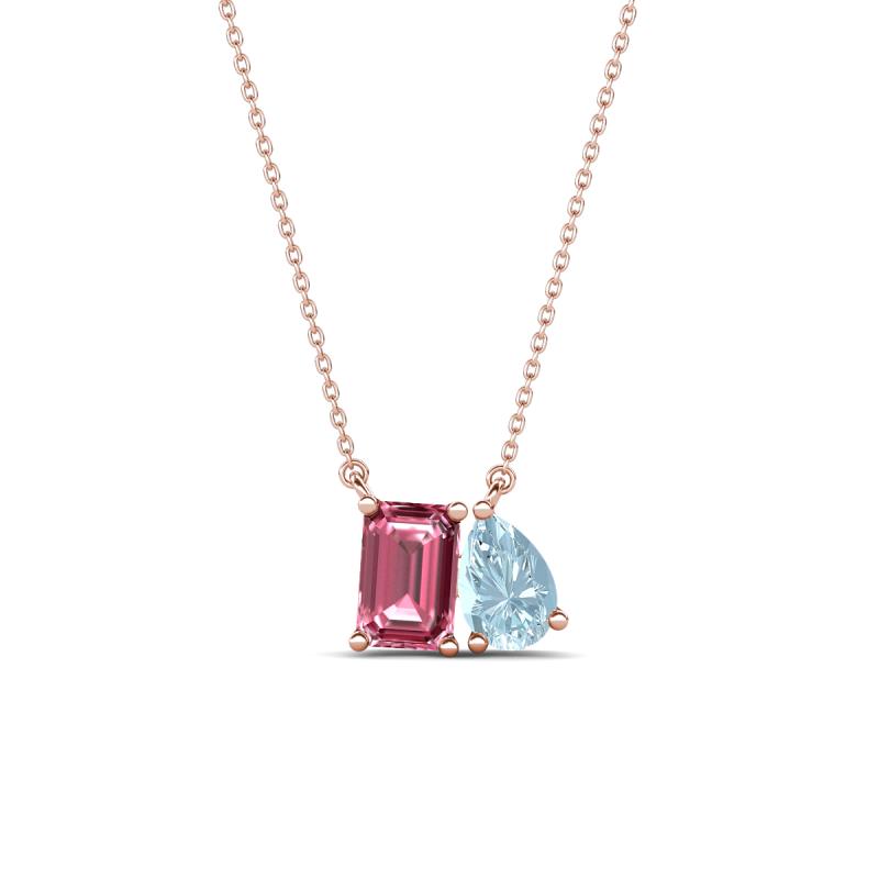 Arika 0.95 ctw Emerald Shape Pink Tourmaline with Pear Shape Aquamarine Toi Et Moi Women Pendant Necklace 