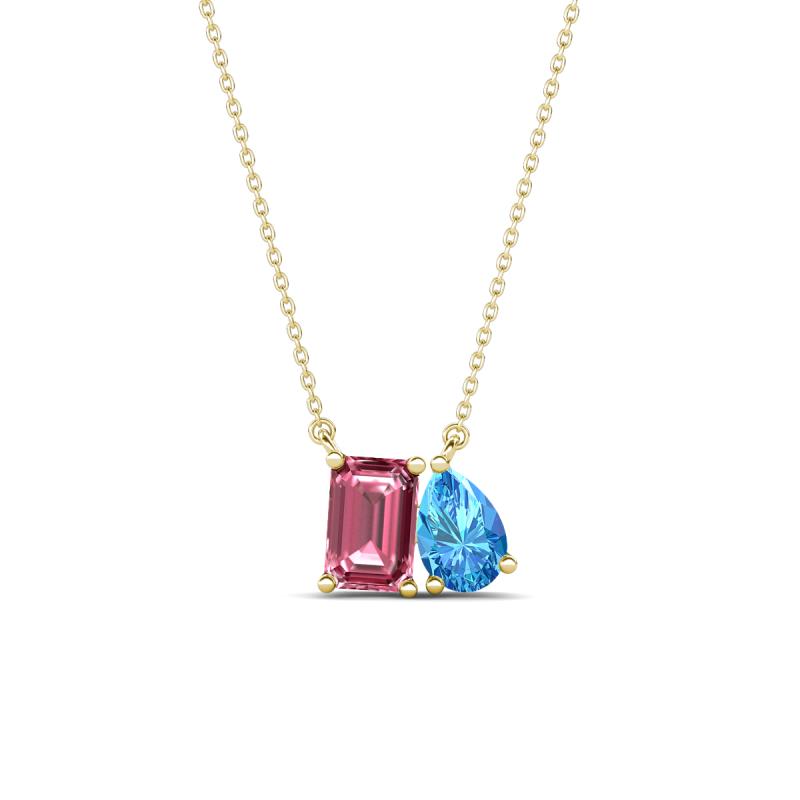 Arika 1.10 ctw Emerald Shape Pink Tourmaline with Pear Shape Blue Topaz Toi Et Moi Women Pendant Necklace 