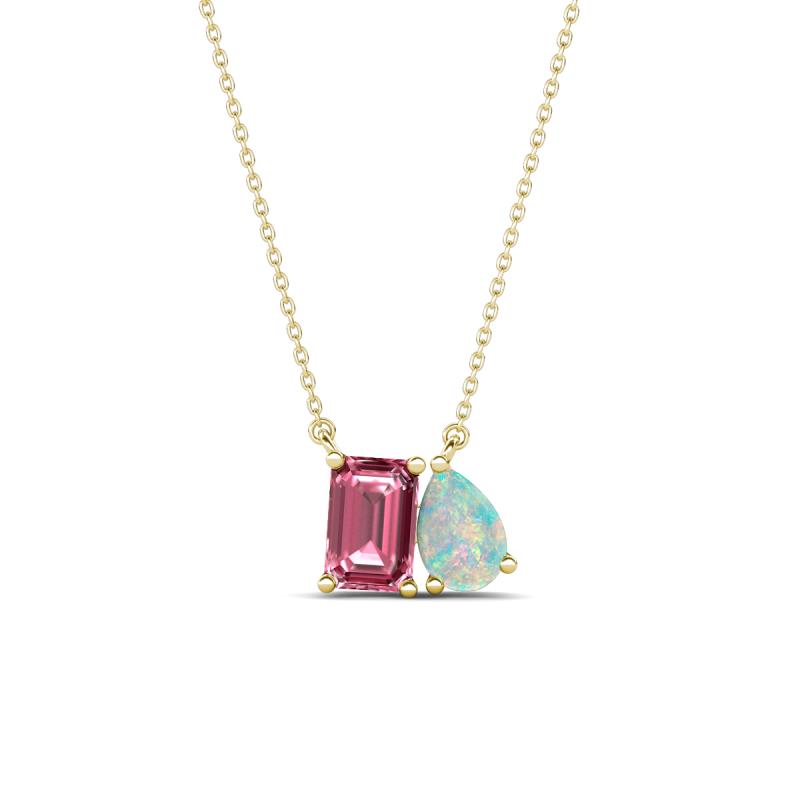 Arika 0.85 ctw Emerald Shape Pink Tourmaline with Pear Shape Opal Toi Et Moi Women Pendant Necklace 
