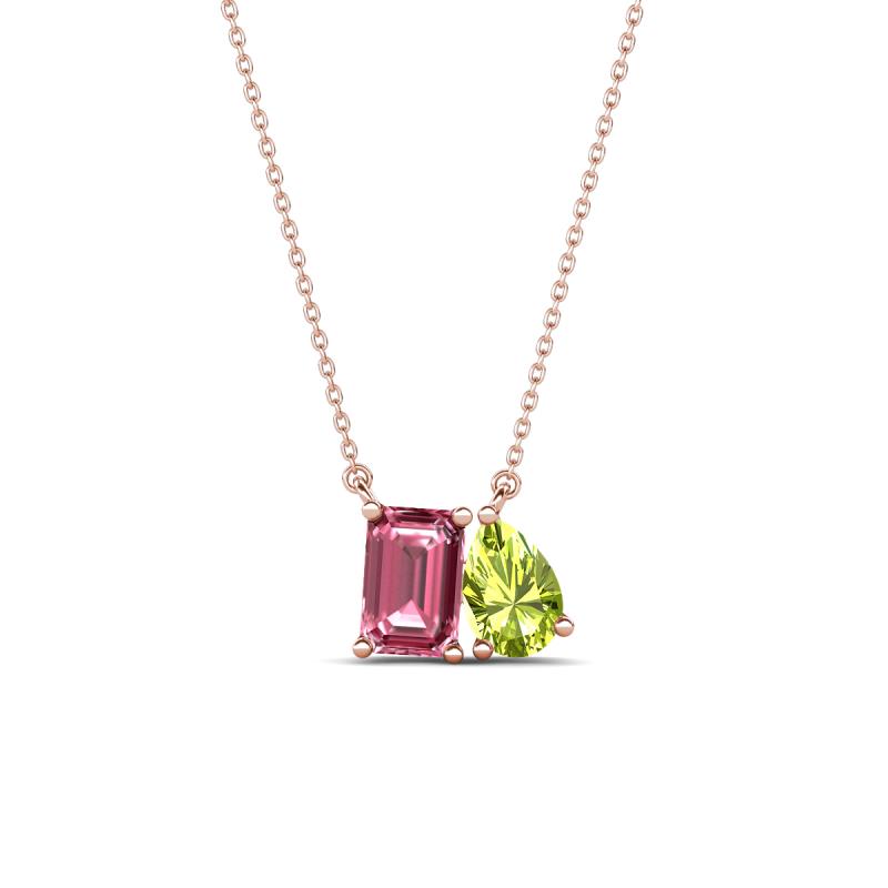 Arika 1.10 ctw Emerald Shape Pink Tourmaline with Pear Shape Peridot Toi Et Moi Women Pendant Necklace 