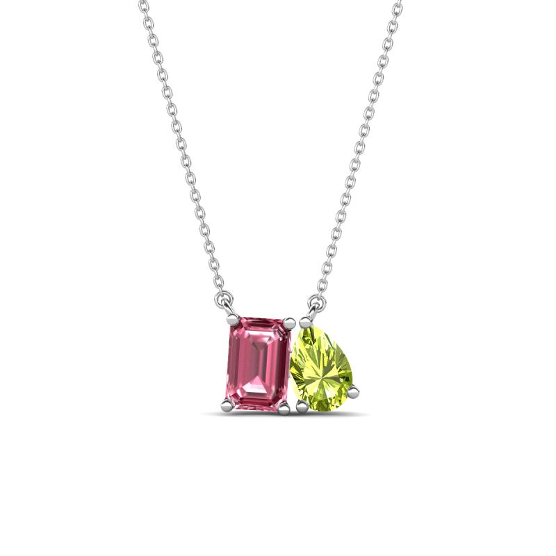 Arika 1.10 ctw Emerald Shape Pink Tourmaline with Pear Shape Peridot Toi Et Moi Women Pendant Necklace 