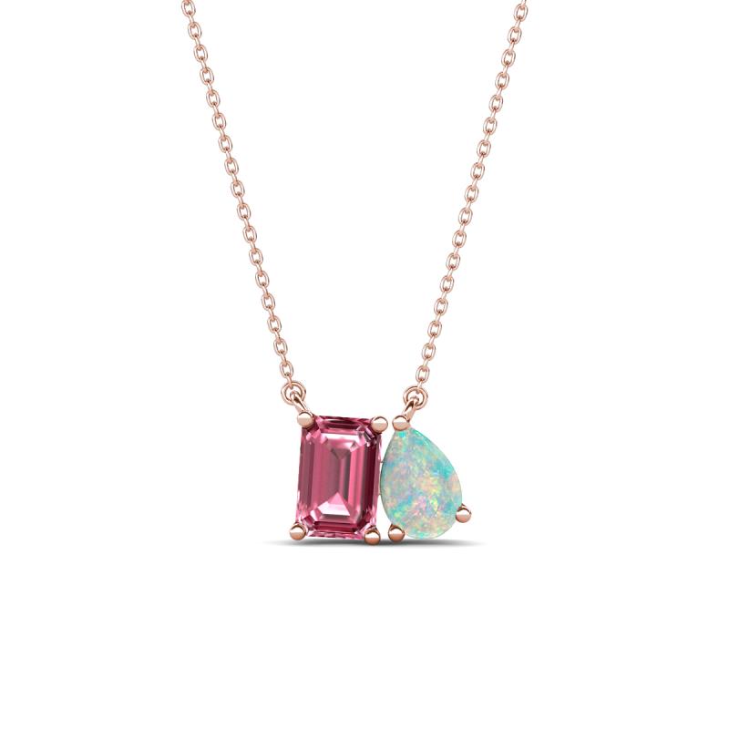 Arika 0.85 ctw Emerald Shape Pink Tourmaline with Pear Shape Opal Toi Et Moi Women Pendant Necklace 