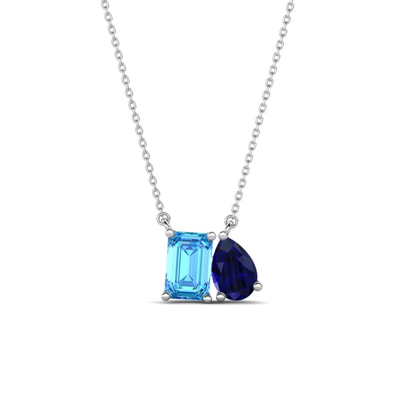 Arika 1.15 ctw Emerald Shape Blue Topaz with Pear Shape Created Blue Sapphire Toi Et Moi Women Pendant Necklace 