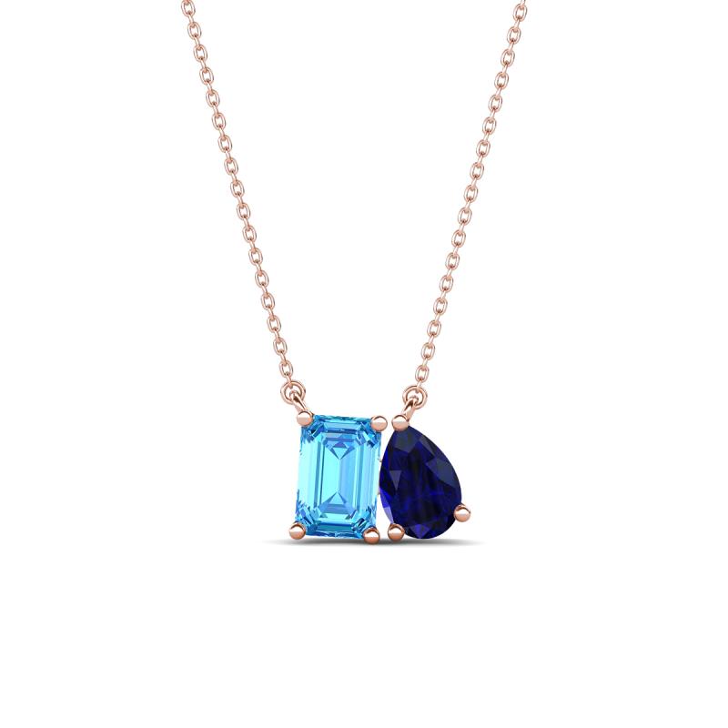 Arika 1.15 ctw Emerald Shape Blue Topaz with Pear Shape Created Blue Sapphire Toi Et Moi Women Pendant Necklace 
