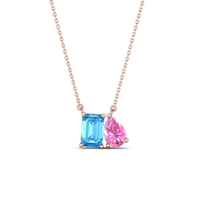 Arika 1.15 ctw Emerald Shape Blue Topaz with Pear Shape Created Pink Sapphire Toi Et Moi Women Pendant Necklace 