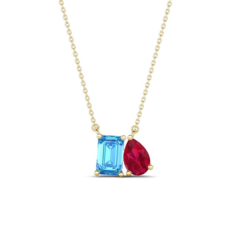 Arika 1.15 ctw Emerald Shape Blue Topaz with Pear Shape Created Ruby Toi Et Moi Women Pendant Necklace 