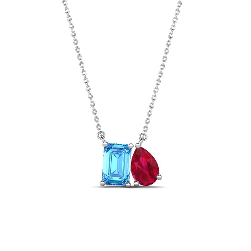 Arika 1.15 ctw Emerald Shape Blue Topaz with Pear Shape Created Ruby Toi Et Moi Women Pendant Necklace 