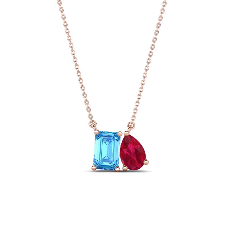 Arika 1.15 ctw Emerald Shape Blue Topaz with Pear Shape Created Ruby Toi Et Moi Women Pendant Necklace 