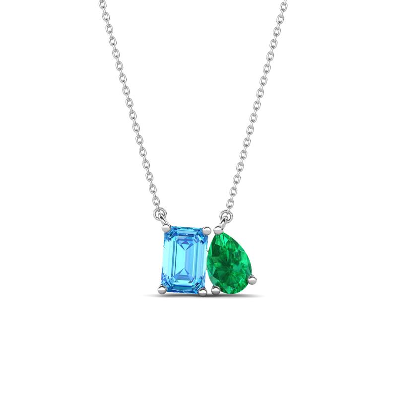 Arika 1.03 ctw Emerald Shape Blue Topaz with Pear Shape Created Emerald Toi Et Moi Women Pendant Necklace 