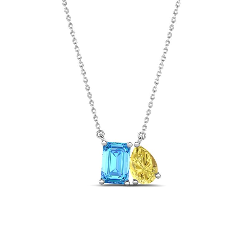 Arika 1.15 ctw Emerald Shape Blue Topaz with Pear Shape Created Yellow Sapphire Toi Et Moi Women Pendant Necklace 
