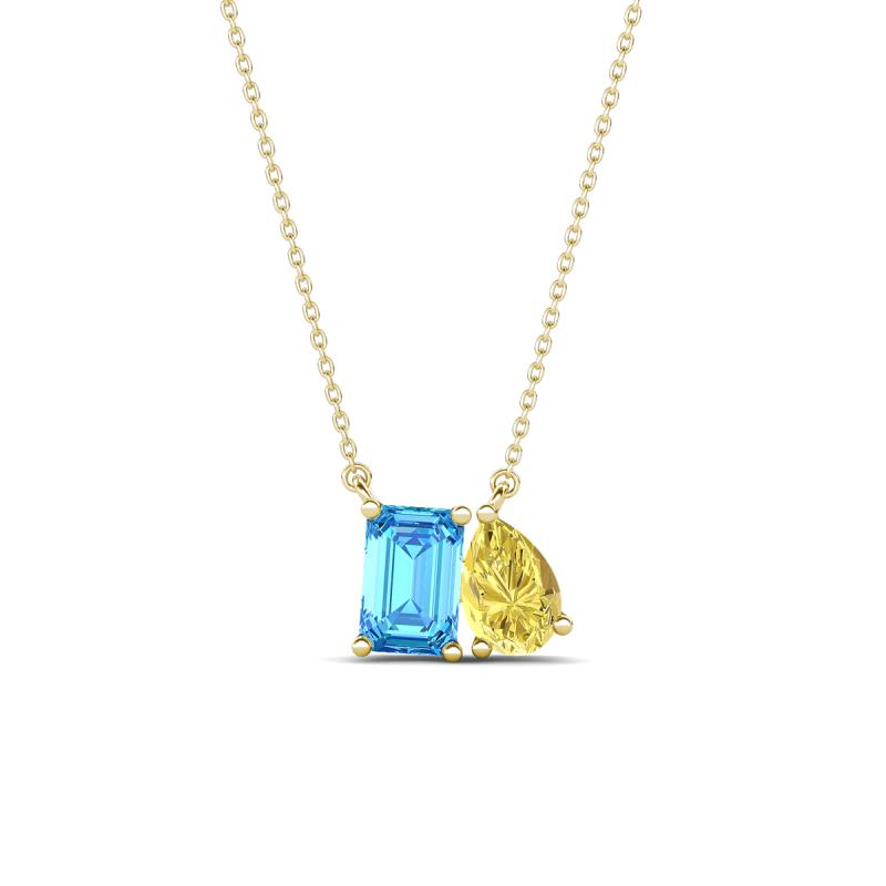 Arika 1.15 ctw Emerald Shape Blue Topaz with Pear Shape Created Yellow Sapphire Toi Et Moi Women Pendant Necklace 