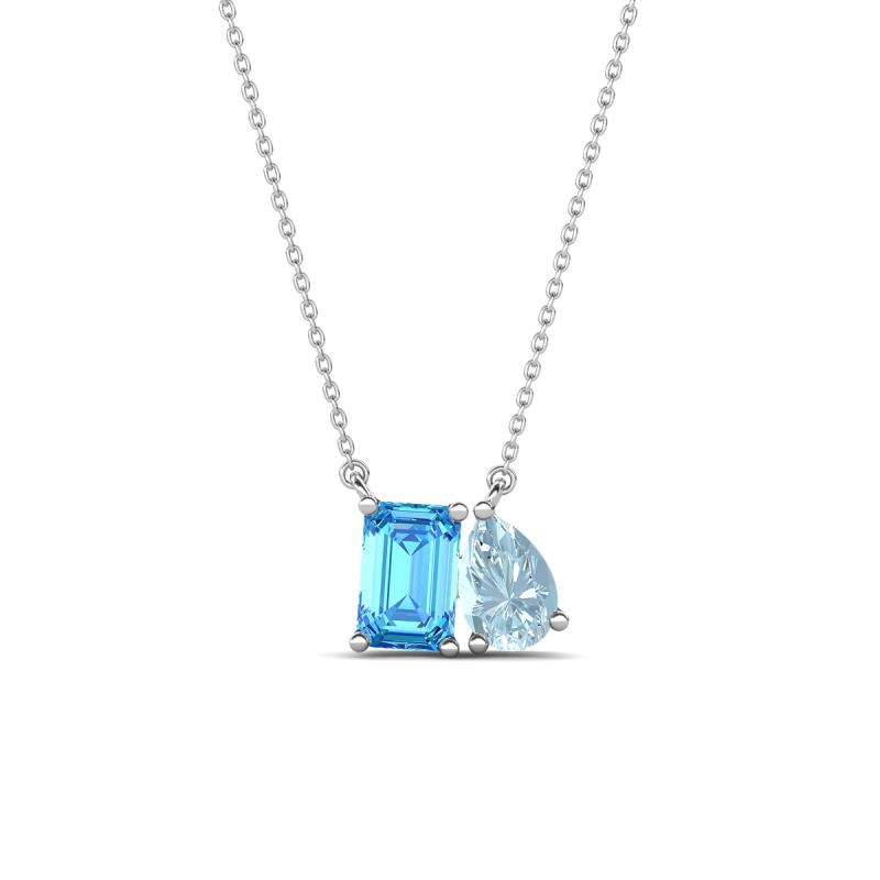 Arika 1.05 ctw Emerald Shape Blue Topaz with Pear Shape Aquamarine Toi Et Moi Women Pendant Necklace 