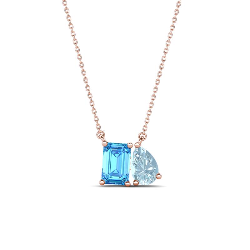 Arika 1.05 ctw Emerald Shape Blue Topaz with Pear Shape Aquamarine Toi Et Moi Women Pendant Necklace 