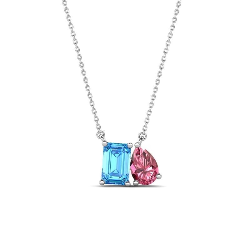 Arika 1.15 ctw Emerald Shape Blue Topaz with Pear Shape Pink Tourmaline Toi Et Moi Women Pendant Necklace 