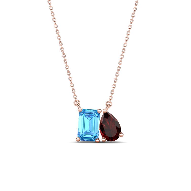 Arika 1.25 ctw Emerald Shape Blue Topaz with Pear Shape Red Garnet Toi Et Moi Women Pendant Necklace 