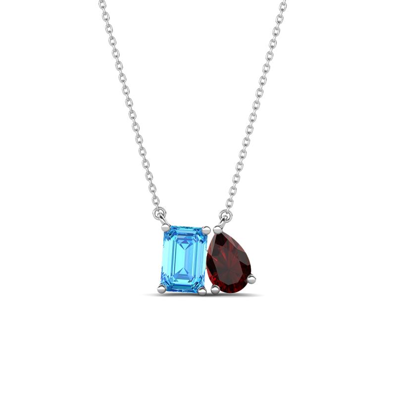 Arika 1.25 ctw Emerald Shape Blue Topaz with Pear Shape Red Garnet Toi Et Moi Women Pendant Necklace 