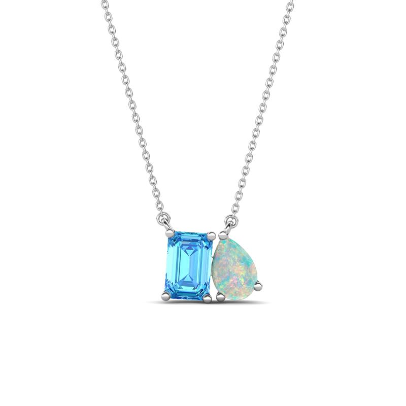 Arika 0.95 ctw Emerald Shape Blue Topaz with Pear Shape Opal Toi Et Moi Women Pendant Necklace 