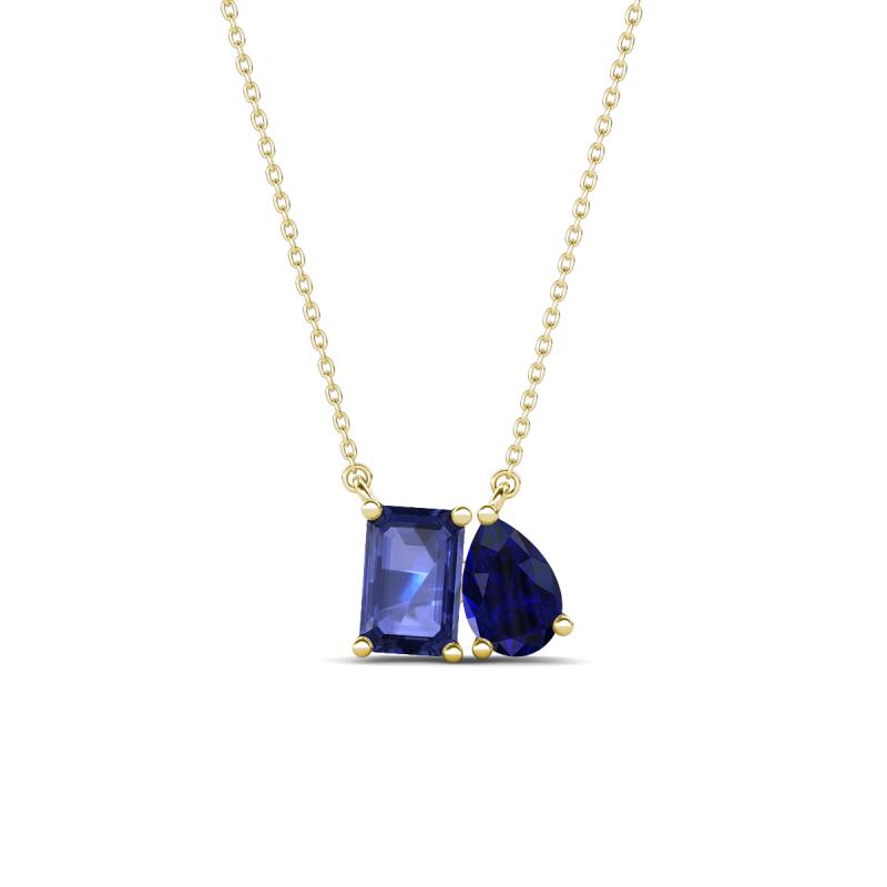 Arika 1.00 ctw Emerald Shape Iolite with Pear Shape Created Blue Sapphire Toi Et Moi Women Pendant Necklace 