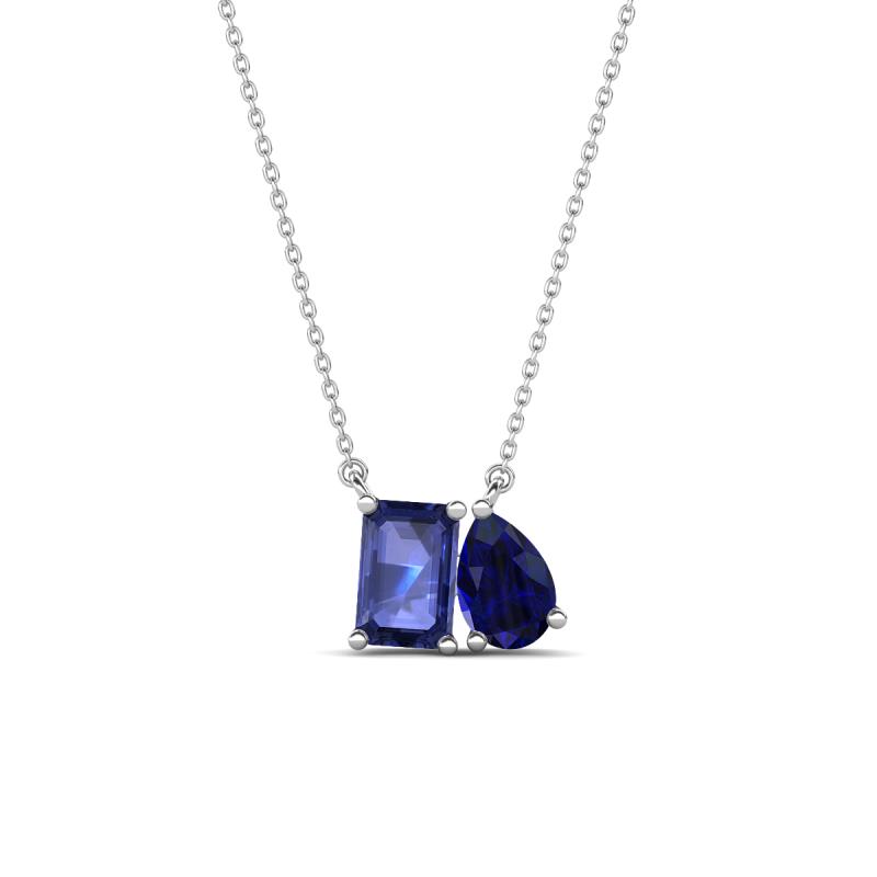 Arika 1.00 ctw Emerald Shape Iolite with Pear Shape Created Blue Sapphire Toi Et Moi Women Pendant Necklace 