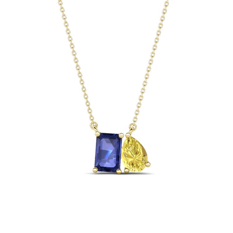 Arika 1.00 ctw Emerald Shape Iolite with Pear Shape Created Yellow Sapphire Toi Et Moi Women Pendant Necklace 