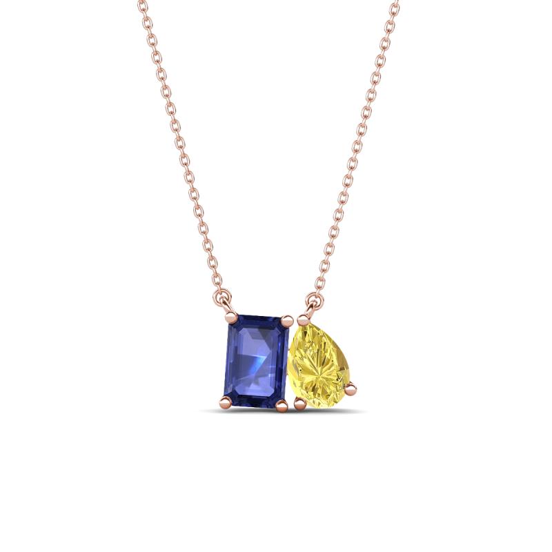 Arika 1.00 ctw Emerald Shape Iolite with Pear Shape Created Yellow Sapphire Toi Et Moi Women Pendant Necklace 