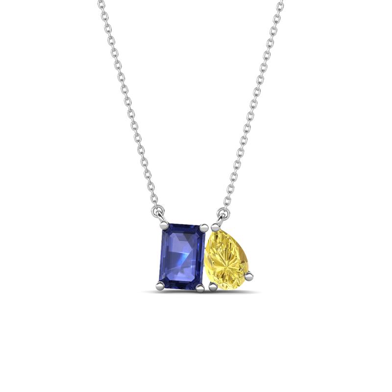 Arika 1.00 ctw Emerald Shape Iolite with Pear Shape Created Yellow Sapphire Toi Et Moi Women Pendant Necklace 