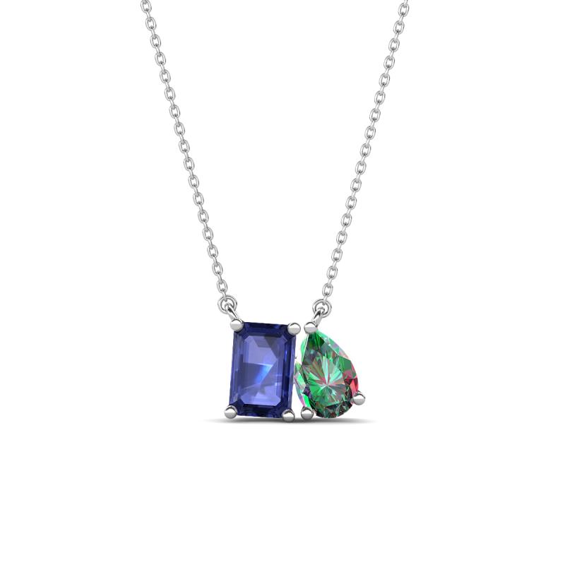 Arika 1.04 ctw Emerald Shape Iolite with Pear Shape Created Alexandrite Toi Et Moi Women Pendant Necklace 