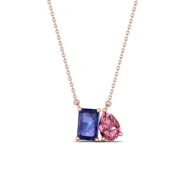 Arika 1.00 ctw Emerald Shape Iolite with Pear Shape Pink Tourmaline Toi Et Moi Women Pendant Necklace 