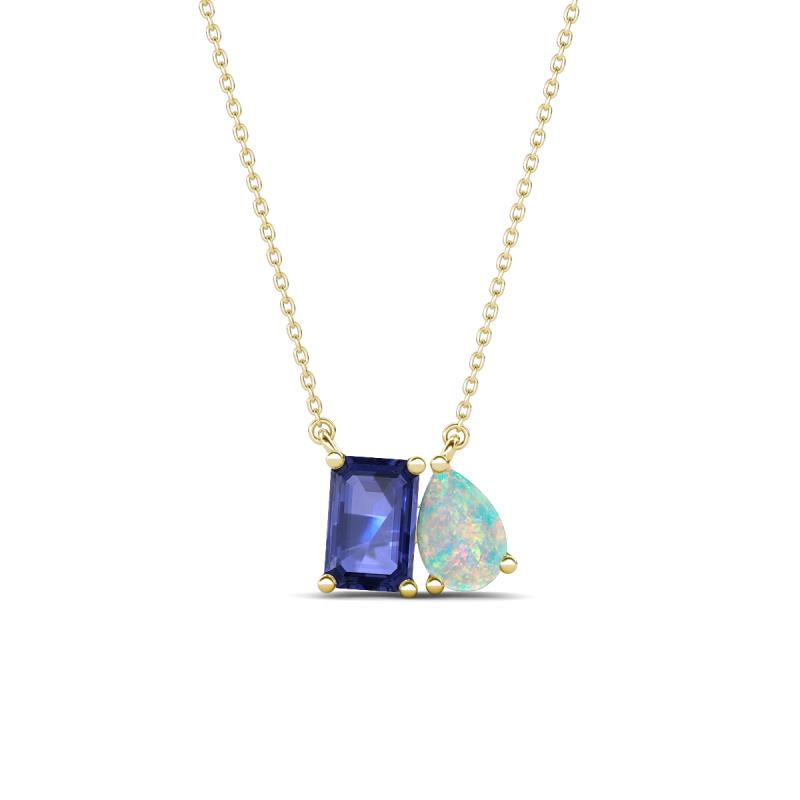 Arika 0.80 ctw Emerald Shape Iolite with Pear Shape Opal Toi Et Moi Women Pendant Necklace 