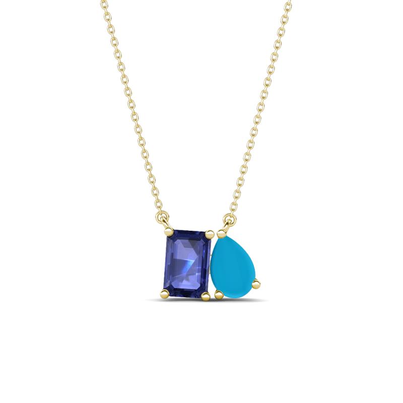 Arika 0.80 ctw Emerald Shape Iolite with Pear Shape Turquoise Toi Et Moi Women Pendant Necklace 
