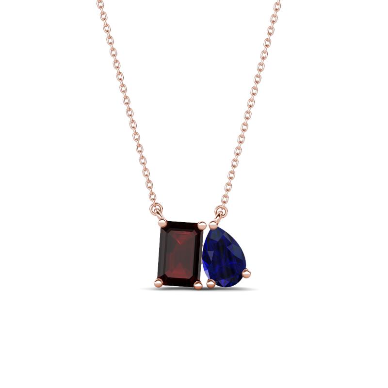 Arika 1.23 ctw Emerald Shape Red Garnet with Pear Shape Created Blue Sapphire Toi Et Moi Women Pendant Necklace 