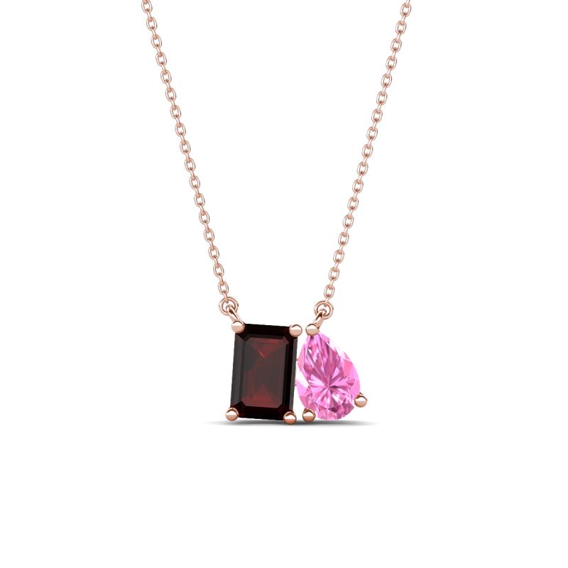 Arika 1.23 ctw Emerald Shape Red Garnet with Pear Shape Created Pink Sapphire Toi Et Moi Women Pendant Necklace 