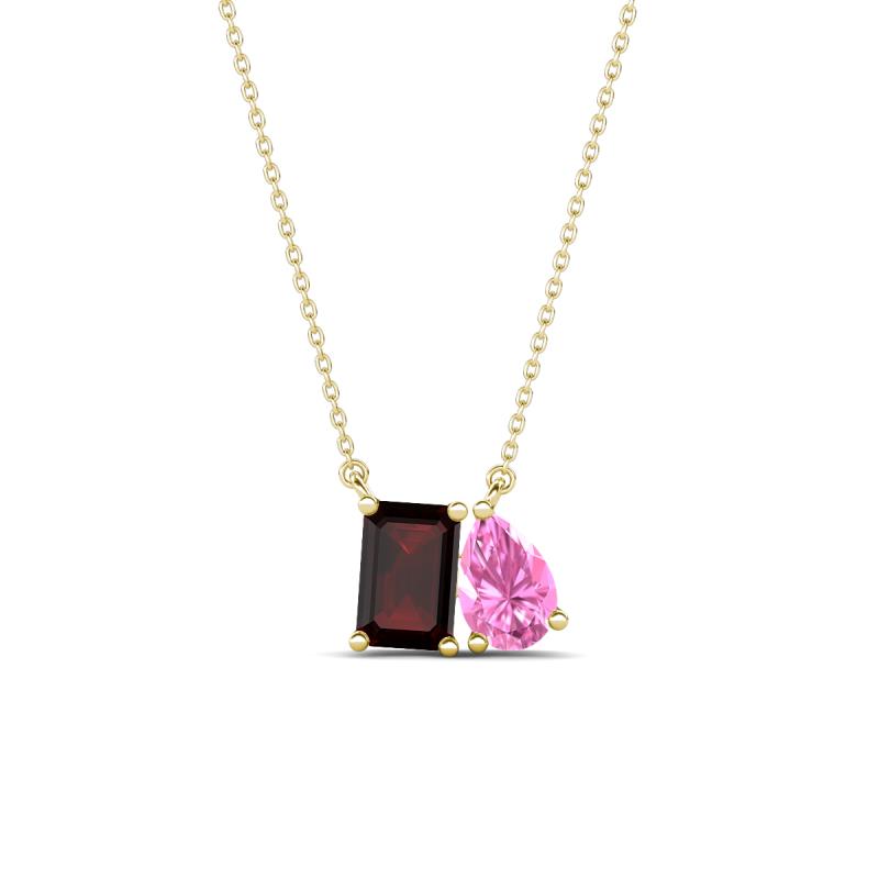 Arika 1.23 ctw Emerald Shape Red Garnet with Pear Shape Created Pink Sapphire Toi Et Moi Women Pendant Necklace 