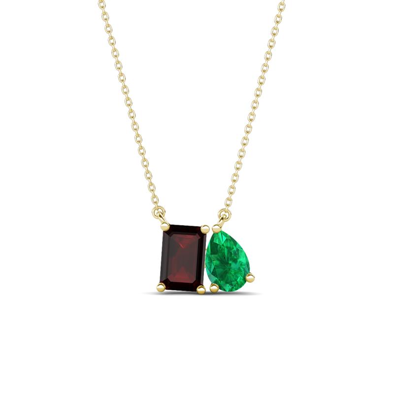 Arika 1.11 ctw Emerald Shape Red Garnet with Pear Shape Created Emerald Toi Et Moi Women Pendant Necklace 