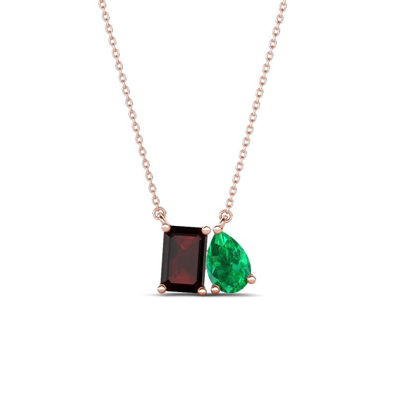Arika 1.11 ctw Emerald Shape Red Garnet with Pear Shape Created Emerald Toi Et Moi Women Pendant Necklace 