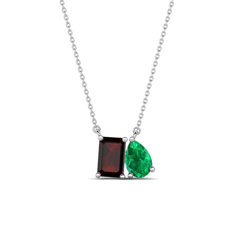 Arika 1.11 ctw Emerald Shape Red Garnet with Pear Shape Created Emerald Toi Et Moi Women Pendant Necklace 
