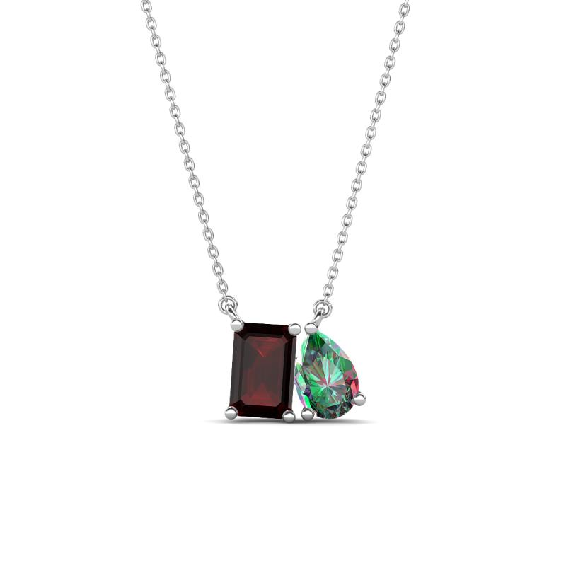 Arika 1.27 ctw Emerald Shape Red Garnet with Pear Shape Created Alexandrite Toi Et Moi Women Pendant Necklace 