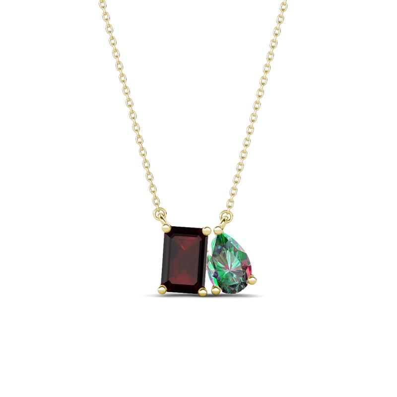 Arika 1.27 ctw Emerald Shape Red Garnet with Pear Shape Created Alexandrite Toi Et Moi Women Pendant Necklace 