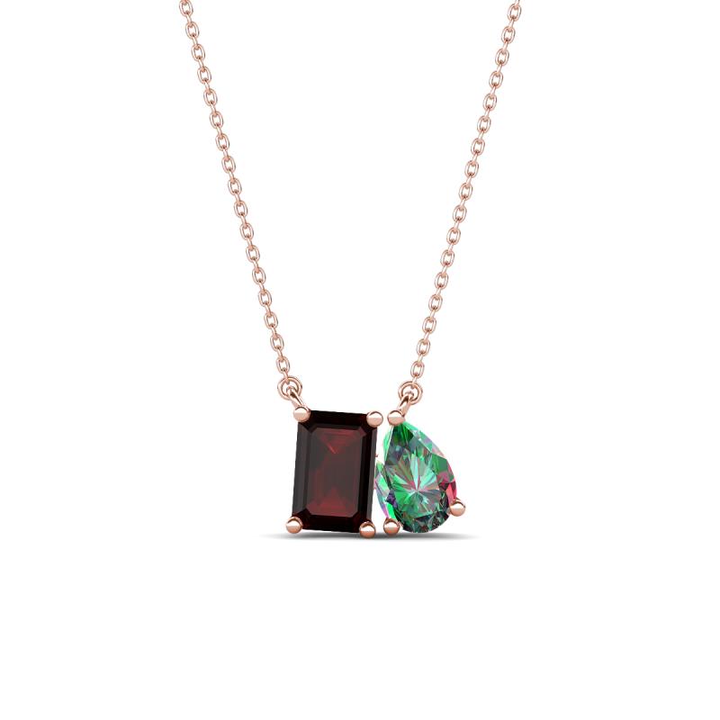 Arika 1.27 ctw Emerald Shape Red Garnet with Pear Shape Created Alexandrite Toi Et Moi Women Pendant Necklace 