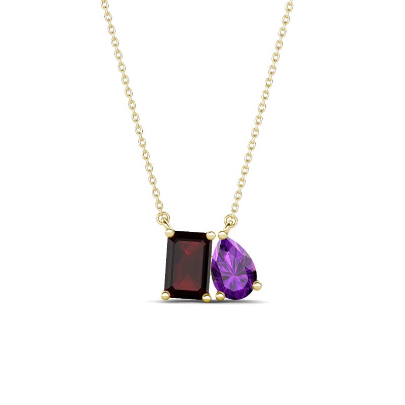 Arika 1.18 ctw Emerald Shape Red Garnet with Pear Shape Amethyst Toi Et Moi Women Pendant Necklace 