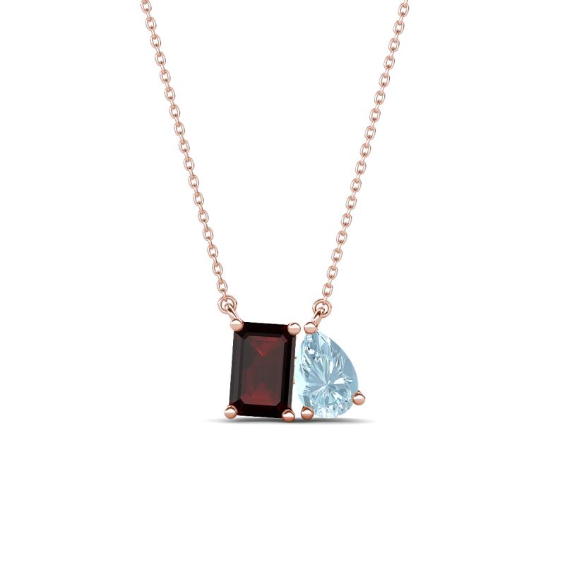 Arika 1.13 ctw Emerald Shape Red Garnet with Pear Shape Aquamarine Toi Et Moi Women Pendant Necklace 
