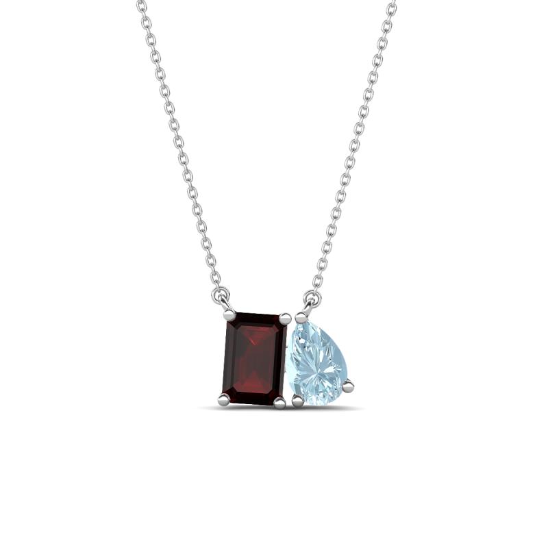 Arika 1.13 ctw Emerald Shape Red Garnet with Pear Shape Aquamarine Toi Et Moi Women Pendant Necklace 