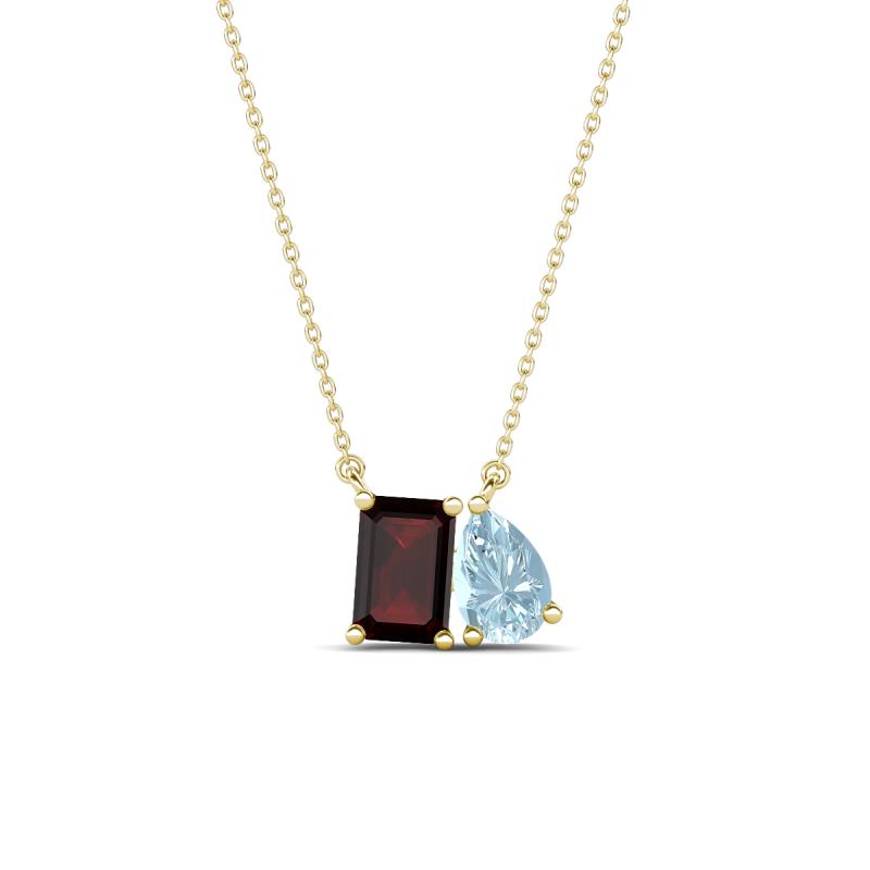 Arika 1.13 ctw Emerald Shape Red Garnet with Pear Shape Aquamarine Toi Et Moi Women Pendant Necklace 